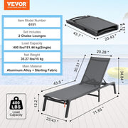 VEVOR Tumbona plegable, 182x60x88cm Sillas de playa de aluminio con 5 posiciones ajustables, tumbona de playa, sillas de descanso, tumbona de jardín, tumbona de relax, tumbona para terraza, playa, piscina, gris oscuro, 2 unidades