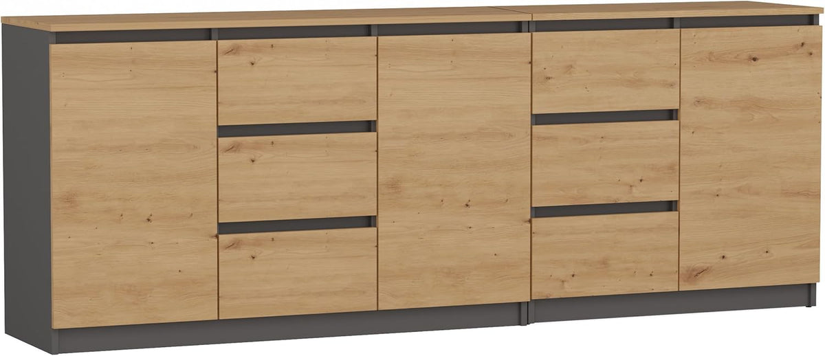 CDF Aparador grande y moderno Costa de 200 cm, conjunto de muebles con 3 puertas y 6 cajones, cómoda sin tiradores para salón o dormitorio, aparador minimalista con gran espacio de almacenamiento - Roble Artisan/Antracita