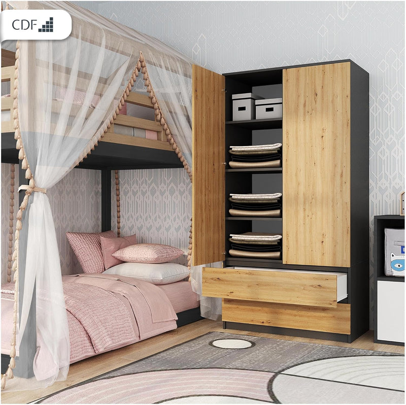 Armario infantil CDF de 90 cm de ancho, armario de dos puertas con 2 cajones, 3 estantes y una barra para colgar ropa, dormitorio, panel laminado de 16 mm, armario multiusos, roble artisan / antracita
