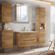 Conjunto de muebles de baño Lomadox con lavabo de 81 cm y armario con espejo LED, decoración imitación roble Wotan, an./al./pr. aprox. 180/200/46 cm
