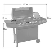 TAINO Basic 6 plus 1 Barbacoa de gas con quemador de acero inoxidable y hornillo lateral para jardín y terraza