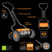 Fiskars Cortacésped manual, Cortacésped helicoidal con sistema de corte sin fricción, Ancho de corte: 43 cm, StaySharp Plus, Negro/Naranja/Plateado, 1015649