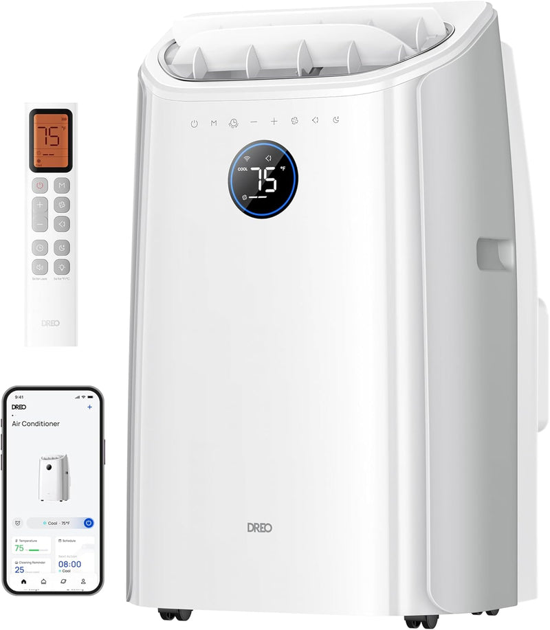 Aire acondicionado portátil DREO de 12 000 BTU (3 en 1: refrigeración/ventilación/deshumidificación), silencioso para dormitorio/oficina, control por app/comando de voz/mando a distancia, sin drenaje, kit de ventana, 3,2 L/h, AC516S