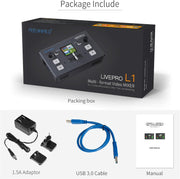 FEELWORLD LIVEPRO L1 V1 Mezclador de video multicámara, conmutador de mezcla de video con pantalla LCD de 2 pulgadas, 4 entradas HDMI, salida USB 3.0, producción en tiempo real, transmisión en vivo, ligero