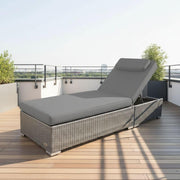 Tumbona de jardín RS Trade resistente a la intemperie de ratán sintético con ruedas – Tumbona de exterior de ratán con respaldo ajustable en varias posiciones para jardín, terraza, balcón y piscina, gris con cojín gris