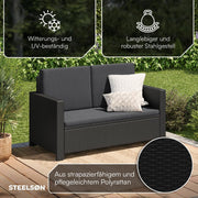 STEELSØN Elnath Sofá de jardín de 2 plazas – Salón de jardín de ratán negro/antracita – Cama lounge para balcón/jardín/terraza – sofá pequeño que ahorra espacio – Set de sofá para exteriores con cojines – muebles de balcón resistentes a la intemperie
