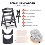 Hauck Trona Beta+ Newborn Set Eco Bouncer - Trona de madera evolutiva para bebés desde el nacimiento, incluye accesorio para recién nacidos, cojín de asiento y bandeja - Gris oscuro