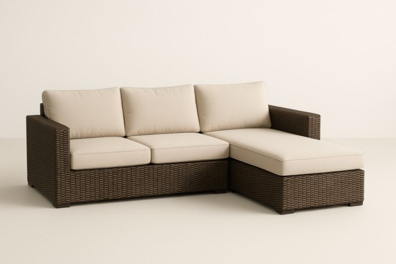 Sofá esquinero de ratán marrón con cojines beige