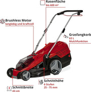 Cortacésped inalámbrico Einhell GE-CM 36/43 Li M Solo Power X-Change 36V 43cm 600m² sin escobillas, función mulching, 63L, 25-75mm, sin batería