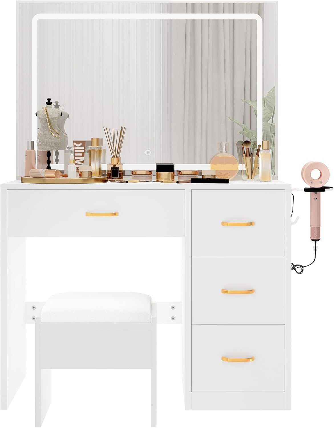 Tocador YITAHOME con espejo, mesa de maquillaje con 4 cajones, iluminación, toma de corriente, blanco (tocador, mesa de cosméticos)