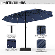 Sombrilla de mercado para exteriores rectangular de 15 pies, de doble cara, con manivela, luces LED solares y base incluida