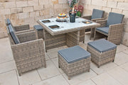 Ragnarök PolyRattan - Marca ALEMANA - Producción PROPIA - 8 años de garantía - Muebles de jardín, conjunto de comedor, mesa, 4 sillas, taburetes, 12 cojines, gris, aluminio inoxidable, natural, comedor, cubo, cristal