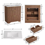 Conjunto de tocador de baño moderno estriado con lavabo de cerámica integrado, mueble de baño independiente con 3 cajones para baño contemporáneo