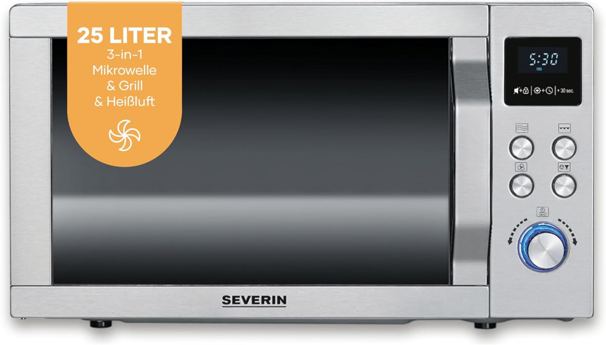 Microondas SEVERIN con función de grill y convección 3 en 1, para descongelar, cocinar y calentar, microondas con plato giratorio, acero inoxidable cepillado/plateado, MW 7774