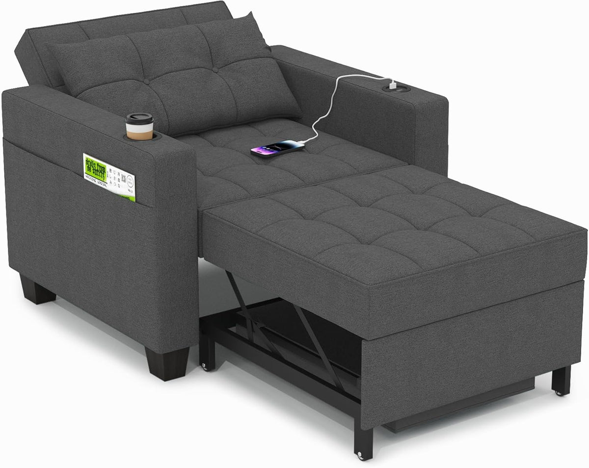 Sillón cama DURASPACE, silla convertible 3 en 1, sillón cama extensible, sofá cama con puertos USB, bolsillo lateral, portavasos para espacios pequeños (gris oscuro)