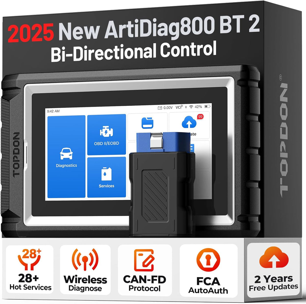 TOPDON Escáner de diagnóstico automotriz AD800BT V2.0 Bluetooth, herramienta de diagnóstico bidireccional multimarca para sistemas completos con 28 funciones de reinicio, dos años de actualizaciones gratuitas, prueba activa