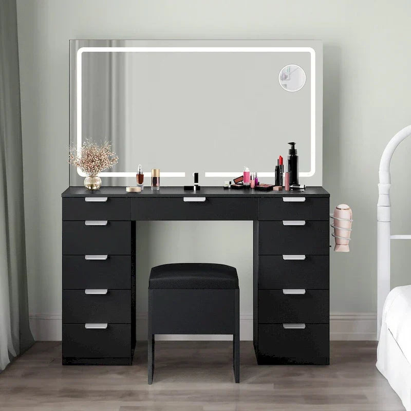 Tocador Moasis 46 con enchufe integrado, espejo iluminado y soporte para secador de pelo - 55.8" Al. x 46" An. x 11.7" Prof.
