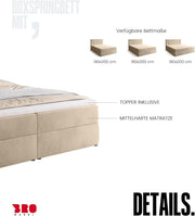 Cama boxspring BROMARKT con colchón Bonell y arcón, cama de matrimonio con topper 180x200cm, grado de firmeza H3, cama para dormitorio con cabecero tapizado, Detroit beige