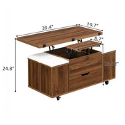Mesa de centro elevable moderna multifuncional Zeus & Ruta con almacenamiento oculto, 4 taburetes y ruedas, perfecta para espacios modernos