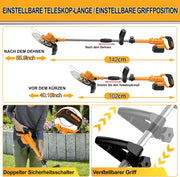 Cortacésped inalámbrico con batería y cepillo para malas hierbas 4 en 1, desbrozadora con cepillo para malas hierbas, desbrozadora sin escobillas de 21 V, cortacésped eléctrico con 2 baterías de 4.0 Ah, cargador, telescópico, ajustable, naranja