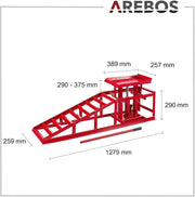 Arebos Juego de 2 rampas de acceso con gato hidráulico de 2 T | Elevador de coches XXL | Ancho de acceso de 257 mm | Plataforma elevadora con válvula de seguridad | Altura ajustable | Rojo