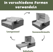 Sofá lounge de ratán sintético, sofá de jardín de dos plazas con función reclinable, tumbona de jardín con toldo extraíble, sofá lounge tipo cama de día con cojines, gris