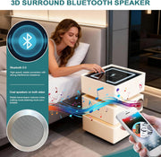 Mesita de noche LED con función de carga, 3 cajones, mesa auxiliar con altavoz Bluetooth, luz con sensor, luz de 3 colores, mesita de noche blanca con 2 USB y 1 tipo C, mesa de sofá para sala de estar, dormitorio