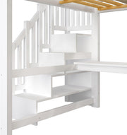 Cama alta de 140x200 con escritorio y estantería, armario, escalera con almacenaje, USB y luces LED, blanco