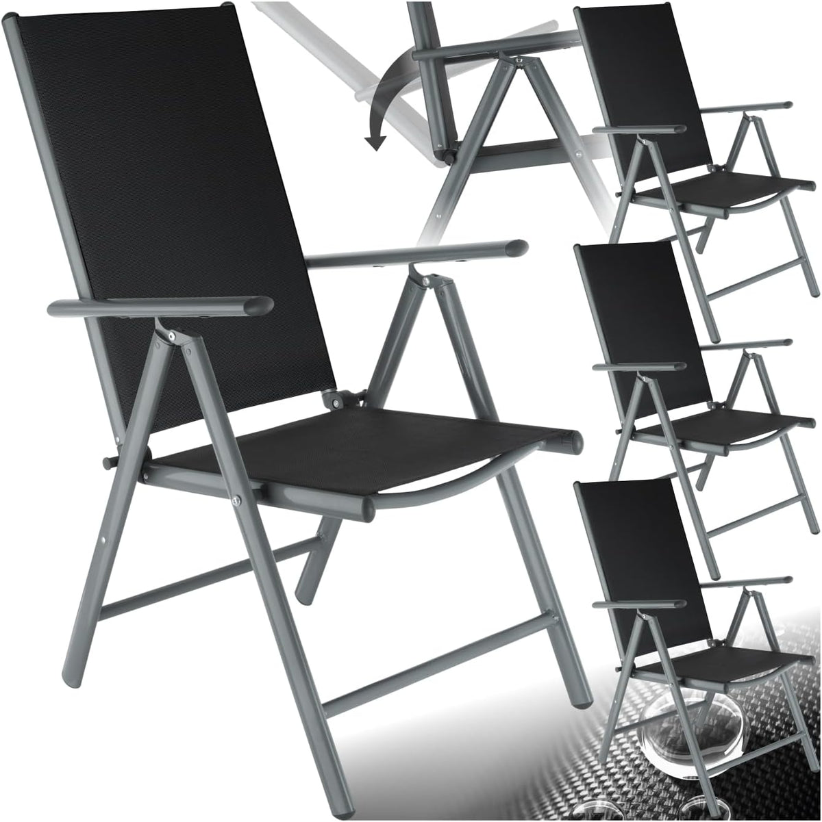 tectake® Set de 4 sillas de jardín de aluminio, silla plegable con respaldo ajustable en 7 posiciones, silla de respaldo alto con reposabrazos, juego de muebles de jardín con 4 sillas, para jardín, balcón, terraza, camping, antracita