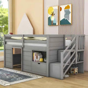 Cama alta baja de madera maciza con cajón y escalera, tamaño individual