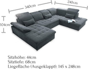 Sofá rinconera en forma de U Stella Trading WAYNE, tapicería de tela color antracita - Sofá extensible con función de cama y arcón - 340 x 81 (104) x 188 (240) cm (ancho/alto/fondo)