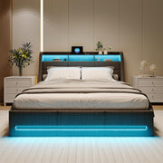 LIVLUX Cama con canapé 140x190 con somier LED y USB, cama doble tapizada con almacenamiento hidráulico, cama para 2 personas para adultos y adolescentes, lino gris claro, 140 x 190 cm