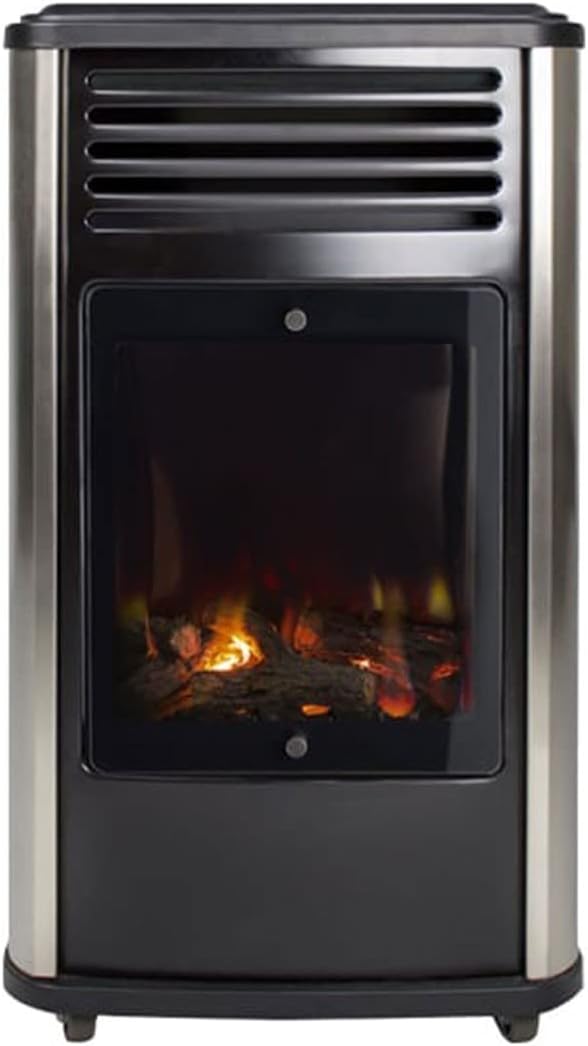 UNIVERSAL - Estufa de gas 3.4 kW negra efecto estufa de leña Manhattan Calefacción auxiliar + Manguera de gas + Regulador de butano
