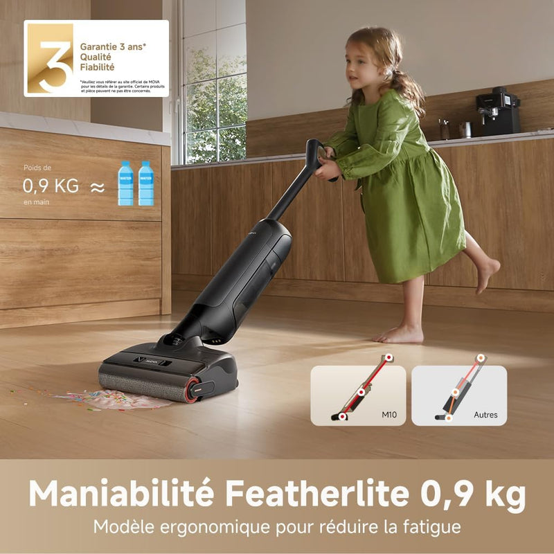 Aspiradora en seco y húmedo Mova M10, alcance plano de 180°, flexible y giratoria a 90°, peso de 0,9 kg en mano, lavado de cepillo a 75 °C + secado con aire caliente en 5 min, antienredos, succión de 18 kPa