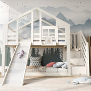 Cama litera infantil Merax 90x200cm, cama casita, litera alta con tobogán, escalera, compartimento de almacenamiento, espacio de almacenamiento, somier, protección anticaídas, con ventana, para 2 niños, sin colchón, blanco/254x96x207cm