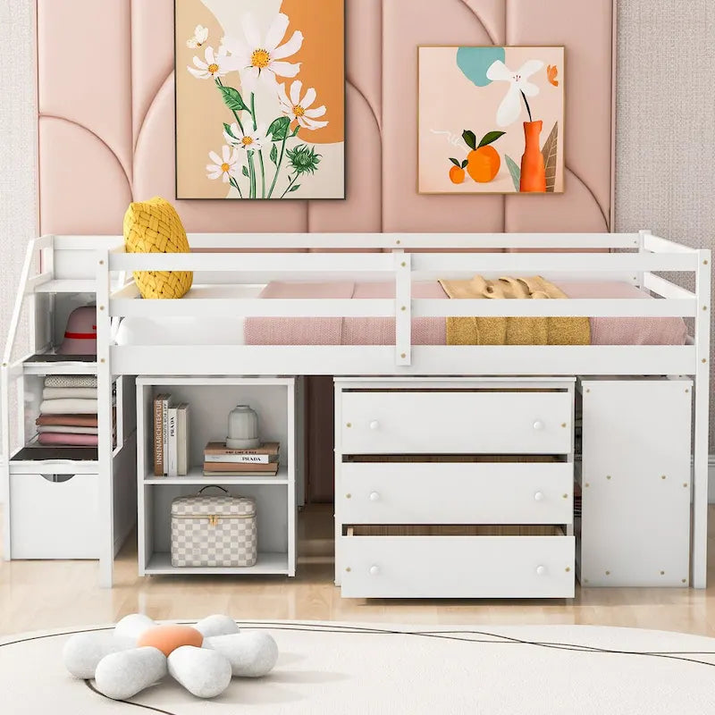 Cama tipo loft de tamaño matrimonial con escritorio retráctil y 3 cajones