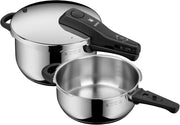 Juego de olla a presión WMF Perfect One Pot para inducción, 2 piezas, ollas a presión de 4,5 l y 3 l, señal de cocción grande, 2 niveles de cocción, mango de tapa extraíble, apto para todo tipo de cocinas, acero inoxidable