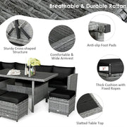 Conjunto de muebles de comedor para patio de 7 piezas de ratán con sofá seccional, mesa de comedor, otomanas y cojines