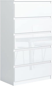 Meble Masztalerz Cómoda con frentes en blanco brillante y 5 cajones de 70 cm, aparador para salón y dormitorio, Al.: 124,5 cm, An.: 70 cm, Pr.: 39 cm - Cómoda con cajones - Cajonera