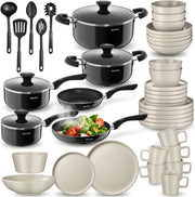 tectake® Set de cocina de 45 piezas, vajilla para 6 personas y batería de cocina, sartenes, ollas, platos llanos, platos hondos, cuencos, tazas, cucharón, espátula, vajilla de gres