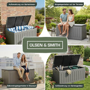 Olsen & Smith Caja de almacenamiento XXL 830L, baúl de jardín con tapa grande, caja impermeable para cojines, armario de jardín para cojines y cajas de almacenamiento para jardín, balcón, terraza, color antracita, caja para paquetes