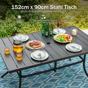 PHI VILLA Mesa de jardín con orificio para sombrilla para 6 personas, mesa de terraza para exterior, mesa de metal, muebles de jardín de 150 x 90 cm, mesa de jardín, mesa de terraza, resistente a la intemperie, negro