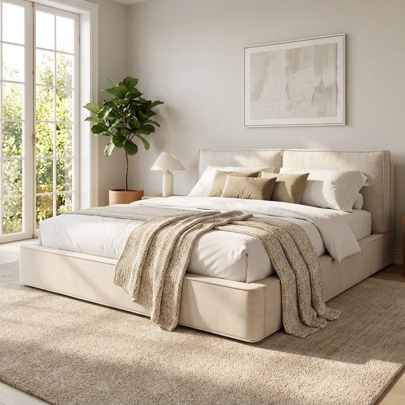 Cama tapizada Merax 180x200 cm con almacenamiento hidráulico, cama de matrimonio con somier y cabecero, cama funcional moderna con marco estable y diseño elegante, tela de chenilla, beige (sin colchón)