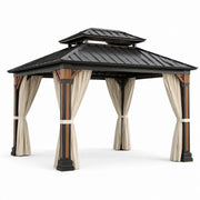 Gazebo de aluminio con aspecto de madera, 3x4 m, con cortinas beige