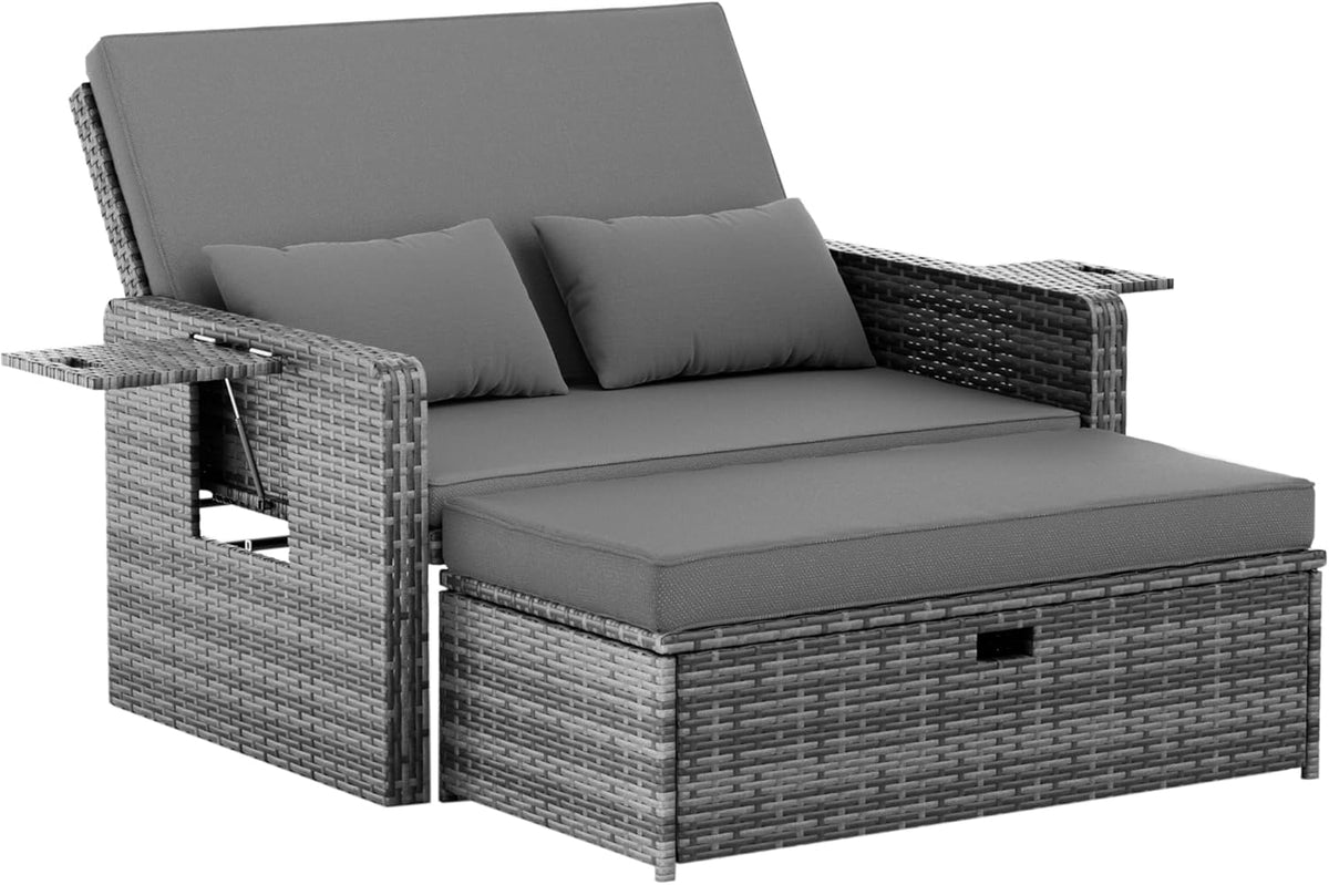 Amopatio Set de salón de jardín de ratán, sofá de jardín de 2 plazas con respaldo ajustable y espacio de almacenamiento, muebles de salón resistentes a la intemperie para balcón y terraza, con taburete y cojines, gris