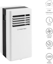 Aire acondicionado portátil TROTEC PAC 2100 X 3 en 1: refrigeración, ventilación y deshumidificación. Unidad de aire acondicionado monobloque de 2 kW, 7.000 BTU/h, para habitaciones de hasta 26 m² y 65 m³, con 2 niveles de ventilación.