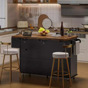 Isla móvil de 55 pulgadas con toma de corriente y mesa plegable, carrito de isla de cocina con ruedas y gabinete para almacenamiento de basura para cocina