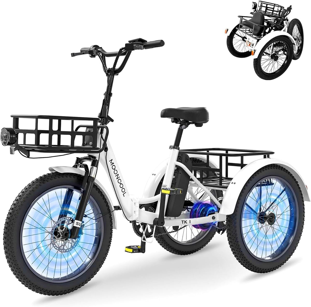 MOONCOOL Bicicleta eléctrica de tres ruedas plegable, bicicleta eléctrica de 20" para hombre y mujer, batería de 36V 20Ah, motor de 250W 45 Nm, pantalla LCD, resistente al agua IP65, 3 modos de conducción, con cestas grandes y reposapiés