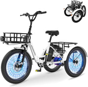 MOONCOOL Bicicleta eléctrica de tres ruedas plegable, bicicleta eléctrica de 20" para hombre y mujer, batería de 36V 20Ah, motor de 250W 45 Nm, pantalla LCD, resistente al agua IP65, 3 modos de conducción, con cestas grandes y reposapiés