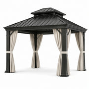 Pabellón de jardín de aluminio negro con cortinas de poliéster